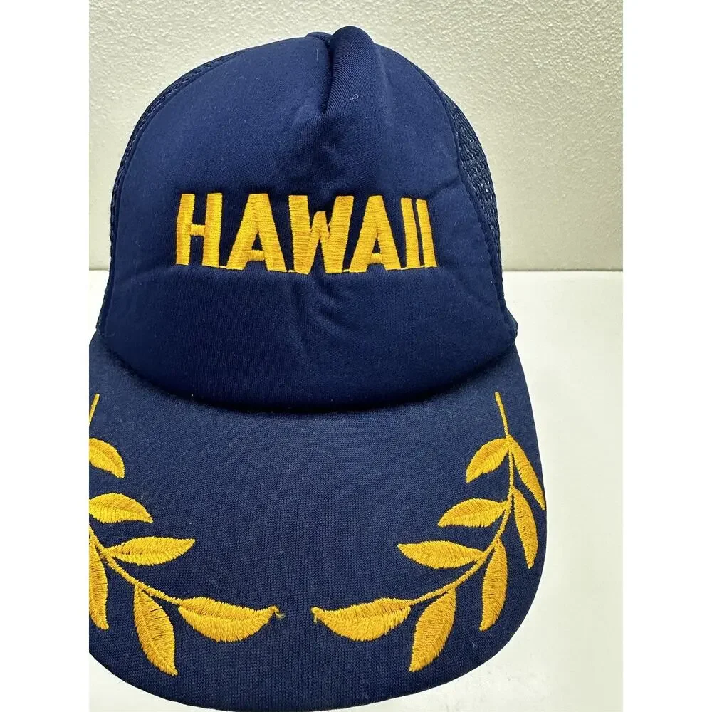 R.O.C Trucker Hat Hawaii Mesh Adjustable Snap Back Cap Blue Yellow Leafs Vintage